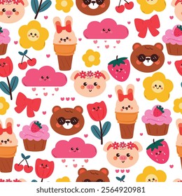 seamless pattern cute cartoon pig, bear and bunny with kawaii stuff doodle. cute animal pattern for wallpaper, background and gift wrap paper