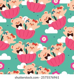 seamless pattern cute cartoon pig playing with umbrella under the blue sky. cute animal drawing for wallpaper, pattern, background