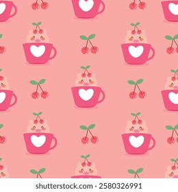 Seamless pattern cute cartoon pig in pink mug. cute animal pattern for valentine wallpaper, background and gift wrap paper