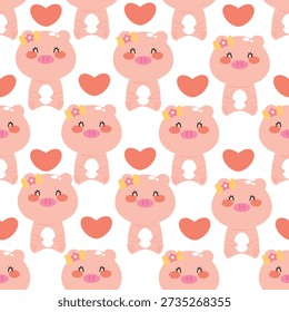Seamless pattern cute cartoon pig with pink heart balloon. cute animal pattern for valentine wallpaper, background and gift wrap paper