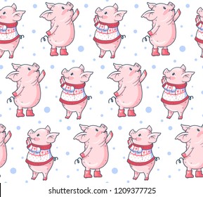 Seamless pattern with cute cartoon pigs.  Vector illustration.