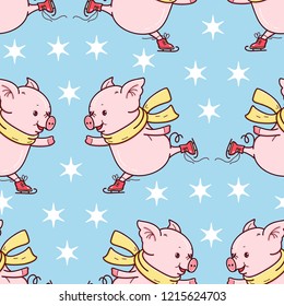 Seamless pattern with cute cartoon pigs.  Vector illustration.2