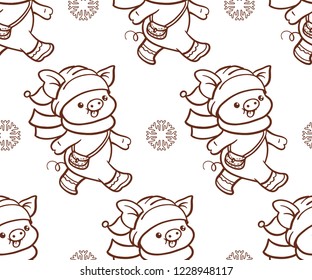 Seamless pattern with cute cartoon pigs.  Vector illustration.