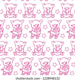 Seamless pattern with cute cartoon pigs.  Vector illustration.