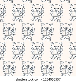 Seamless pattern with cute cartoon pigs.  Vector illustration.