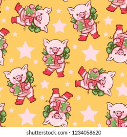 Seamless pattern with cute cartoon pigs.  Vector illustration.