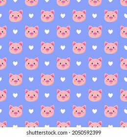 Seamless pattern with cute cartoon pigs and hearts isolated on blue background