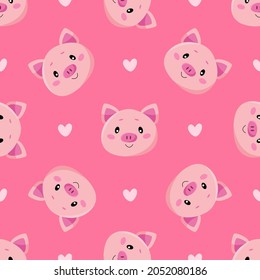 Seamless pattern with cute cartoon pigs and hearts isolated on pink background