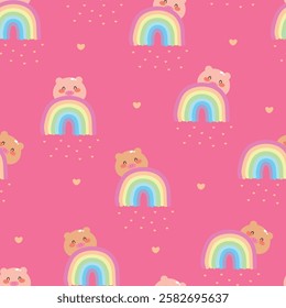 Seamless pattern with cute cartoon pigs and rainbow, for fabric print, textile, gift wrapping paper. colorful for children, flat style