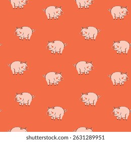 Seamless pattern with cute cartoon pigs on a coral background. Suitable for children's textiles, wallpaper, packaging, agricultural themes, Vector illustration