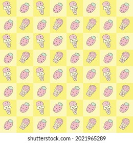 Seamless pattern. Cute cartoon pink Ice-cream and  strawberry on yellow square background. Illustration abstract art design.