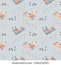 Seamless pattern, cute cartoon pink birds and paw prints on a gray background. Print, textile, vector	
