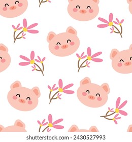 Seamless pattern with cute cartoon pink pigs and flowers for fabric print, textile, gift wrapping paper. children's colorful vector, flat style