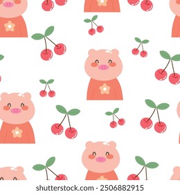 Seamless pattern with cute cartoon pink pigs and cherries, for fabric prints, textiles, gift wrapping paper. children's flat and colorful style