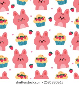 seamless pattern cute cartoon pink bunny with cupcake. cute animal drawing for wallpaper, pattern, background