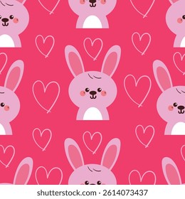 seamless pattern cute cartoon pink bunny with hearts. cute animal wallpaper and background