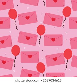 seamless pattern cute cartoon pink envelope and red balloon. cute valentine theme drawing for background, wallpaper and gift wrap paper