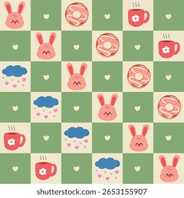 seamless pattern cute cartoon pink bunny with dessert and clouds. cute animal pattern with patchwork background for wallpaper