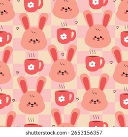 seamless pattern cute cartoon pink bunny with pink cup. cute animal pattern with checkered wallpaper