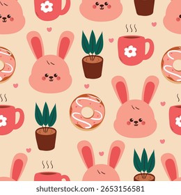 seamless pattern cute cartoon pink bunny with pink cup, plant and dessert. cute animal pattern for wallpaper and gift wrap paper