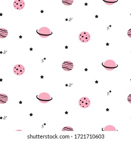 Seamless pattern with cute cartoon planet stars and comets. Kids cosmic theme background pink white girl colors.