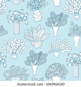 Seamless pattern with cute cartoon plants and flowers in pots and tulips. Blue background. Good for pattern fills, surface design, textile, fabric, manufacturing, wrapping paper, backdrops, wallpapers