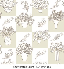 Seamless pattern with cute cartoon plants and flowers in pots and tulips. Checkered background. Good for pattern fills, surface design, textile, fabric, manufacturing, wrapping paper, backdrops