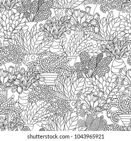 Seamless pattern with cute cartoon plants and flowers in pots. White background. Good for pattern fills, surface design, textile, fabric, manufacturing, wrapping paper, backdrops, wallpapers and cover