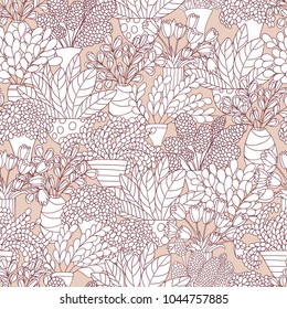 Seamless pattern with cute cartoon plants and flowers in pots. Good for pattern fills, surface design, textile, fabric, manufacturing, wrapping paper, backdrops, wallpapers and covers. Vector
