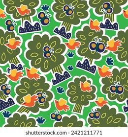 Seamless pattern with cute cartoon plants and flowers for fabric print, textile, gift wrapping paper. colorful vector for kids, flat style