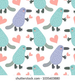 Seamless pattern with cute cartoon platypus vector illustration. Australian fauna.