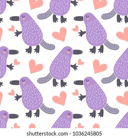 Seamless pattern with cute cartoon platypus vector illustration. Australian fauna.