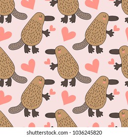 Seamless pattern with cute cartoon platypus vector illustration. Australian fauna.