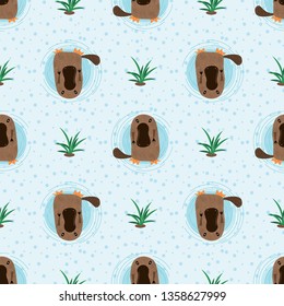 Seamless pattern with cute cartoon platypus vector illustration. Australian fauna