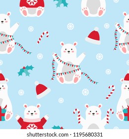 Seamless pattern cute cartoon Polar bear with Christmas elements : garland, holly, snowflakes and lollipop. Winter holiday. Vector illustration.