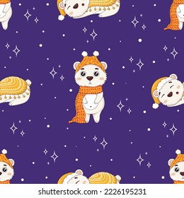 Seamless pattern with cute cartoon polar bears in winter sweaters sleeping under a blanket in a sleep cap