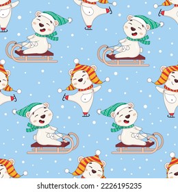 Seamless pattern with cute cartoon polar bears in winter sweaters skating and sledding under the snow