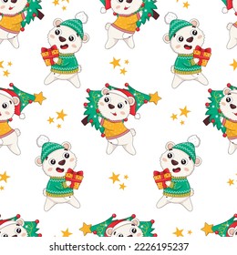 Seamless pattern with cute cartoon polar bears in winter sweaters getting ready for the new year, carrying gifts and Christmas trees