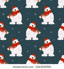 Seamless pattern, cute cartoon polar bear in a scarf and hat on a background with snowflakes. Print, textile, vector	
