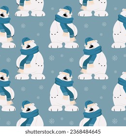 Seamless pattern, cute cartoon polar bear in a scarf and hat on a background of snowflakes. Print, textile, vector	