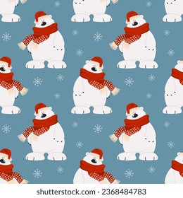 Seamless pattern, cute cartoon polar bear in a scarf and hat on a background of snowflakes. Print, textile, vector	