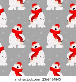 Patrón sin foco, lindo caricatura oso polar en una bufanda y sombrero en un fondo de copos de nieve. Imprimir, textil, vector	