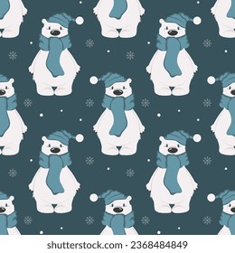 Seamless pattern, cute cartoon polar bear in a scarf and hat on a background of snowflakes. Print, textile, vector	