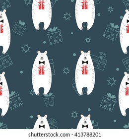 Seamless pattern with cute cartoon polar bears holding gifts. Vector background suitable for  wallpaper, wrapping, textile, web design. 
