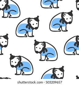 Seamless pattern with cute cartoon polar bear. Funny bear wears scarf and hat. Vector doodles. Childish wallpaper