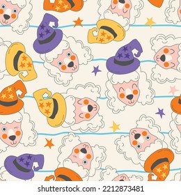 Seamless pattern of cute cartoon poodle illustrations. Cute face dogs in wizard costumes, stars, hats, on colorful lines light background. Repeatable motif for Halloween. Prints for children and kids.