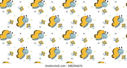 Patrón sin foco de adorables dibujos animados bonitas mariposas, flores abstractas y garabatos de corazones sobre un fondo blanco. Texturas interminables infantiles de verano alegres para ropa de bebé, textiles. Vector.