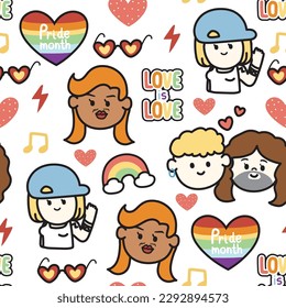 Seamless pattern of cute cartoon in pride month concept on white background.Love is love.People in gender diversity.Heart,rainbow,sun glasses hand drawn.Vector.Illustration.
