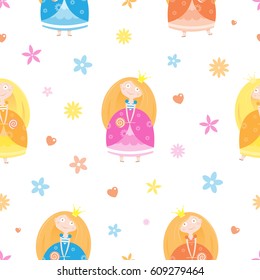Seamless pattern with cute cartoon princesses on white background. Little beautiful girls, flowers, candy and hearts. Vector image. Children's illustration.