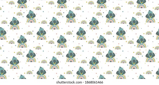 Patrón sin foco de adorables dibujos animados de niños de pterosaurio sentados en un arcoiris sobre un fondo blanco. Para imprimir en ropa y productos para bebés, papel tapiz para viveros, textil, papel digital, tela. Vector.